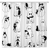 Joliaco Funny Ghost and Black Cat Shower Curtain Halloween Spooky Ghosts Bathroom Curtain Set Cute Halloween Polyester Fabric Bathtub Decor with 12 Hooks 72x72 Inches