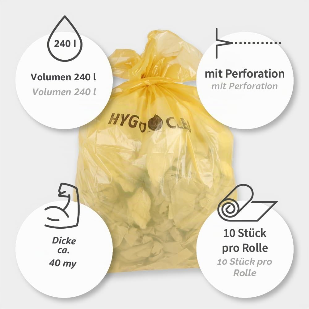 90 Stück, Müllsäcke, FRANZ MENSCH, 240 l, gelb, LDPE, 40my, reißfest, Rolle | Light, 135 x 115 cm, Abfallsack, Müllbeutel, Mülltüten, Abfallbeutel, trash bags, Hausmüll, Gewerbe, Reinigung