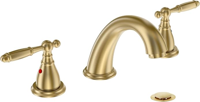 Phiestina Widespread Brushed Gold 8 Inch 3 Hole 2-Handle Bathroom Faucet with Metal Pop-Up Drain Assembly, Low Arc Bathroom Sink Faucet, WF008-4-BG