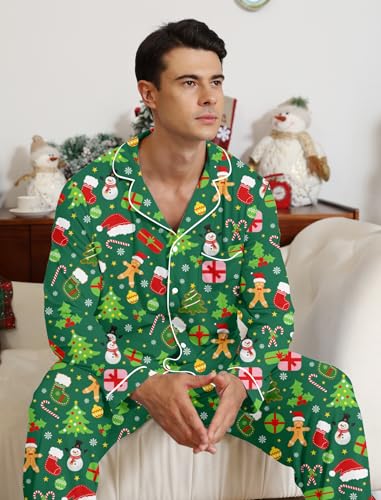 Image of RAISEVERN Couples Christmas Matching Pajamas 2 Piece Women Men Xmas Pjs Soft Pajama Set Long Sleeve Loungewear Warm Sleepwear