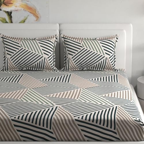Image of Florida Beige Geometric Triangle Printed Elastic Fitted Bedsheet with 2 Pillow Covers, 150 TC Polycotton Bed Sheet (183 x 198 + 25 cm)