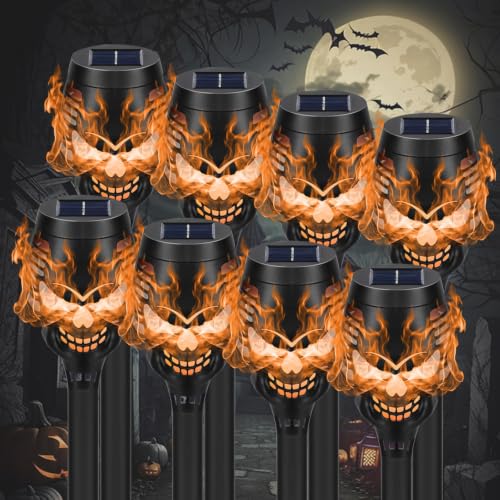 SPRKLINLIN Solar Halloween Lights Outdoor, 8 Pack Skull Torch Lights Orange