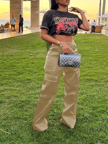 Women's Shiny Satin Cargo Pants Silky Metallic Extra Long Casual Trousers with Multi Pockets2