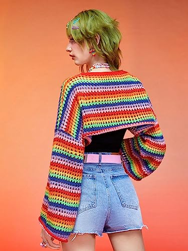 WDIRARA Women's Y2k Crochet Crop Top Hollow Out Sweater Pullover Long Sleeve Knit Rainbow Casual Streetwear2