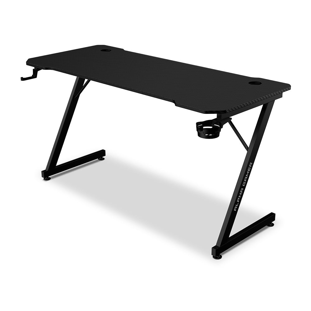 Alpha Gamer Gemina Black 140x60 cm – Escritorio Gamer con Soporte Auriculares, Portavasos, Gestión de Cables, Tapa Textura Carbono, Patas Ajustables – Negro