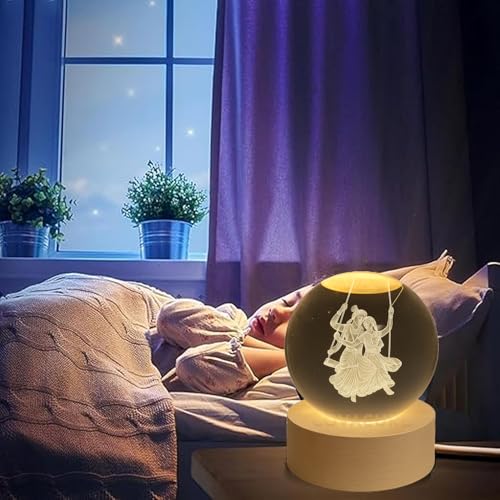 Image of COVACURE 3D Radha Krishna Swing Crystal Ball Night Lamp, Solar System Radha Krishna Swing Idol Crystal Ball Night Light, USB Table Colorful LED Wooden Base Lamp for Home, Office, Birthday Gift