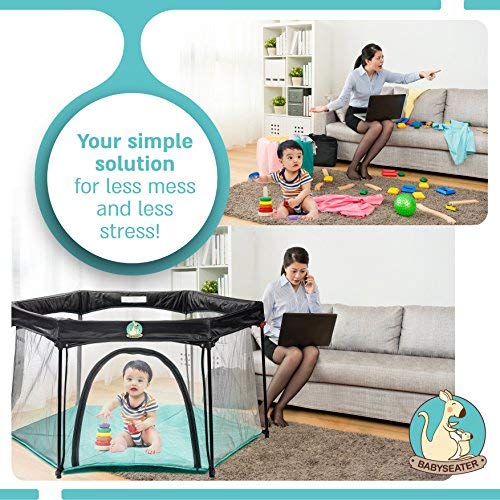 Portable Playard Play Pen for Infants and Babies - Lightweight Mesh Baby Playpen with Carrying Case - Easily Opens with 1 Hand (Turquoise)