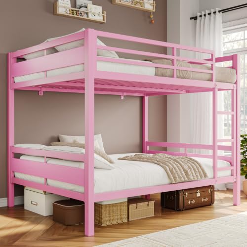Image of iPormis Metal Bunk Bed Full Over Full, Heavy Duty Bunk with High Guardrail and Safety Entrance Design, Under-Bed Storage Space, Easy Assembly, Noise Free, Pink