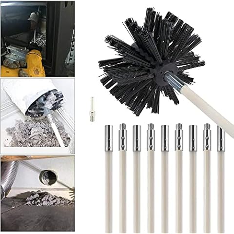 Chimney Cleaning Brush Kit Chimney Sweep Rods, Duct Vent Cleaning Set with 9 Nylon Flexible Rods 1 Brush Head, Drill Connector Chimney Sweep Kit for Fireplace Dryer Vent Sewage Pipe Fume Hood Cover