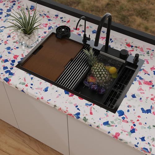 33x22 Waterfall Kitchen Sink Circular Design Drop In Kitchen Sinks with Faucet Combo Modern Smart Single Bowl 16 Guage Stainless Steel Workstation Sink 33x22x10 Inch Gunmetal Black