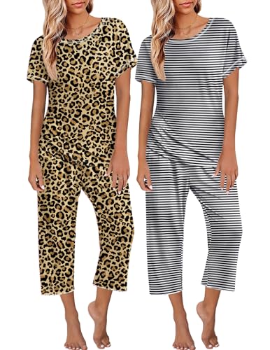 Image of Ekouaer 2 Pack Womens Pajamas Sets Short Sleeve Tops and Capri Pants Pjs Colorful Printed Sleepwear Sets