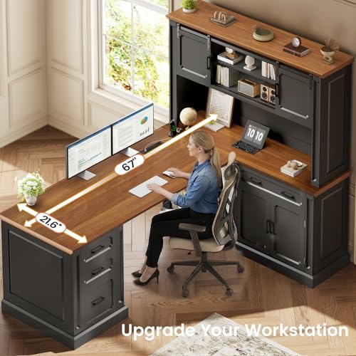 Image of SEDETA 67 inch Farmhouse Executive L Shaped Desk with Hutch & Storage