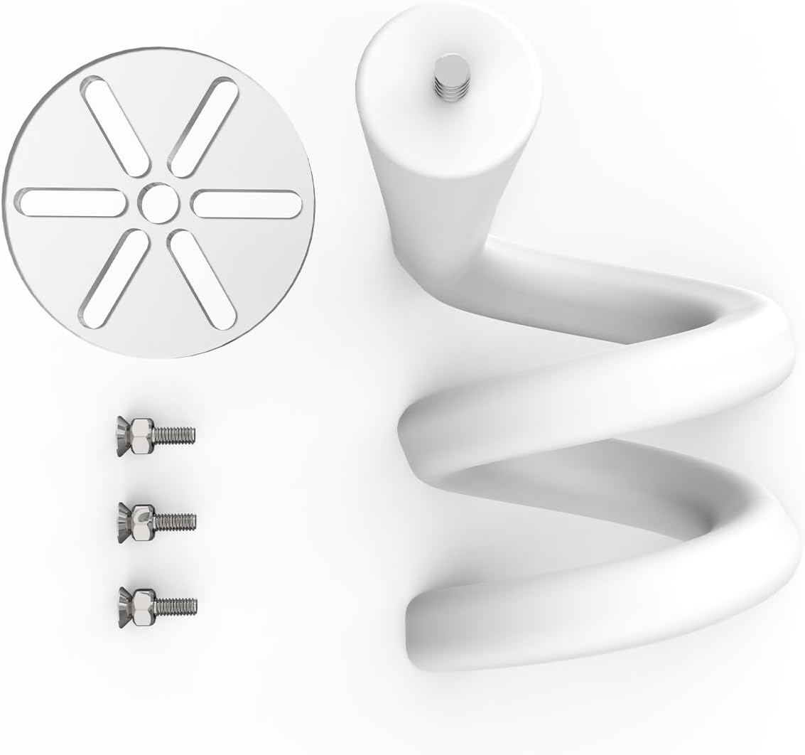 Image showing the components of the Arenti baby monitor mount: flexible gooseneck, circular base plate, and three screws.
