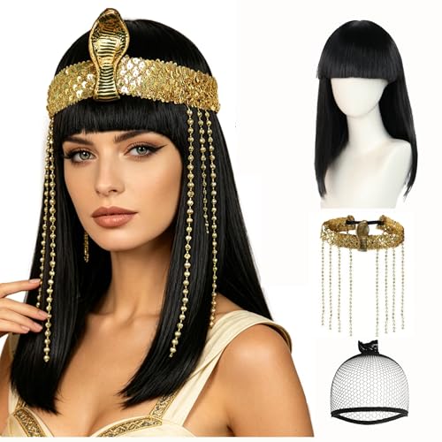ESUNO Hair Cap+18 in Black Wig with Bangs Cosplay Wig with Headband Short Straight Hair for Women Synthetic Bob Outfit Adult Black Egyptian Costume for Halloween Party Cosplay