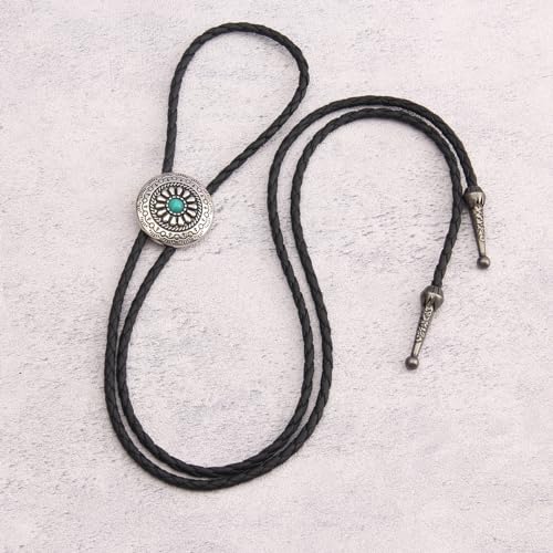 Image of GelConnie Bolo Tie for Men Women Western Cowboy Turquoise Leather Necktie | Natural Stone Bolo Tie Necklace for Women Rodeo Cowboy Leather Necktie Native American Western Cowgirl Ties Adjustable Cord