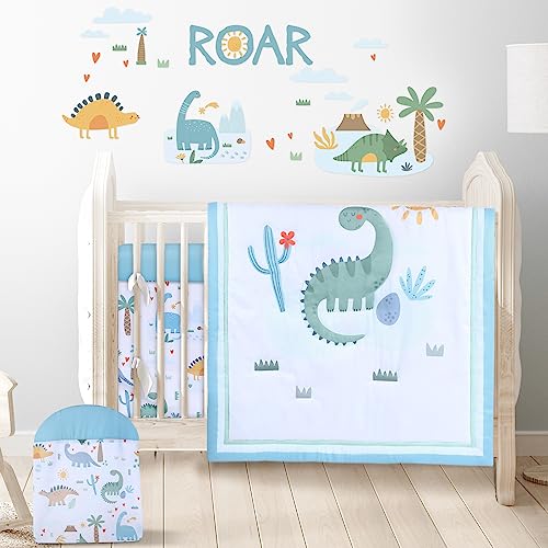 Image of Leumoi 5 Pieces Crib Bedding Set for Boys and Girls Baby Nursery Bedding Standard Size Baby Crib Bedding Set Including Crib Skirt Blanket Crib Sheet Diaper Stacker and Wall Decals (Dinosaur)