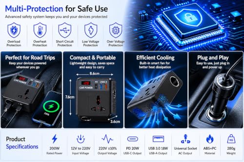 Image of 200W Car Power Inverter, 12V DC to 220V AC Converter with 2 AC Universal Outlets, 30W PD USB-C & Dual USB QC3.0 Fast Charging, Car Laptop Charger for Mobile, Laptop, Tablet & Electronics