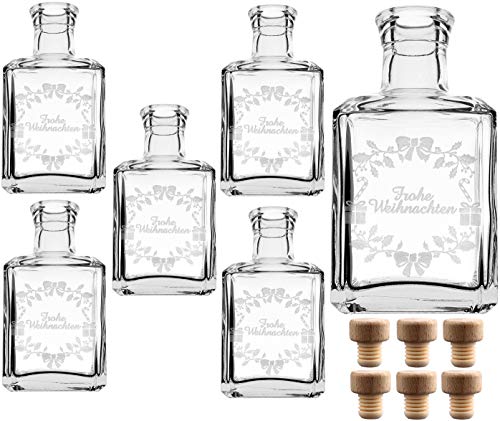 gouveo 6er Set 250 ml Glasflaschen Cube mit Gravur Frohe Weihnachten und Holzgriffkorken - Leere Flaschen für Weihnachten - Kleine Flaschen zum Verschenken