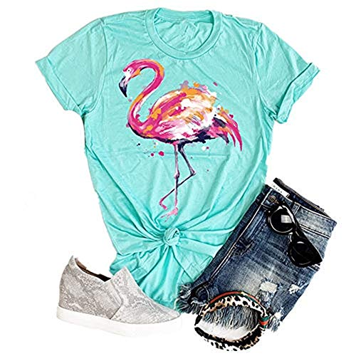 Women's Short Sleeve Round Neck Loose Cute Animal Flamingo Print Tee T-Shirt Top
