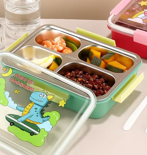 Image of House of Quirk 304 Stainless Steel Kids Lunch Box | Cartoon Design, Leakproof & Odor-Resistant | Portable Bento Box with Compartments for School (Dinosaur Green)