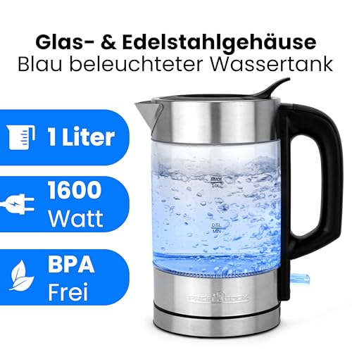 Profi Cook Wasserkocher 1 Liter Edelstahl mit blau beleuchtetem Wassertank