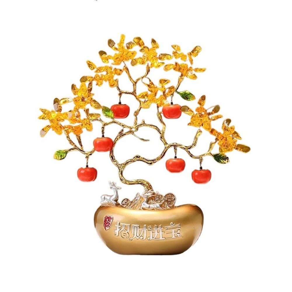 Home Decor Home Wealth Prosperity Crystal Fortune Tree, Living Room Office Feng Shui Ornament Bonsai(Gold)