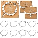 Hinly 12 Pcs Cross Bracelets Bulk Catholic Gifts for Women Men Baptism Favors for Guests Rhinestone Charm Pearl Catholic Bracelets Christian Religious Cross Confirmation