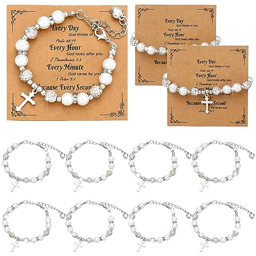 12 Pcs Cross Bracelets Bulk Catholic Gifts for Women Men Baptism Favors for Guests Rhinestone Charm Pearl Catholic Bracelets Christian Religious Cross Confirmation