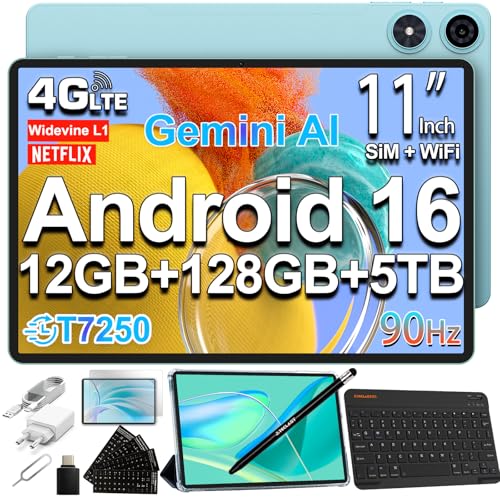 TECLAST P50 Android 16 Tablet 11 Zoll Gemini AI, 90Hz Display, T7250 Octa Core Gaming, 4G LTE Dual SIM + WLAN, Tablets mit Tastatur+Stift+Hülle, 12GB RAM+128GB ROM(6TB TF), Widevine L1/7000mAh/GPS/OTG