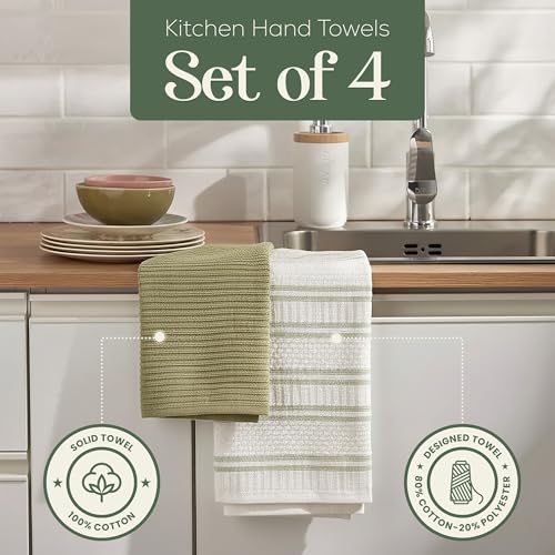 MosJos Kitchen Towels, Cotton Hand Towels, Sage Green and Cream Ribbed - Mini Weaved Stitched Set of 4 Absorbent Hand Drying Cloths, 18 x 28 Kitchen Linens - Thumbnail 2