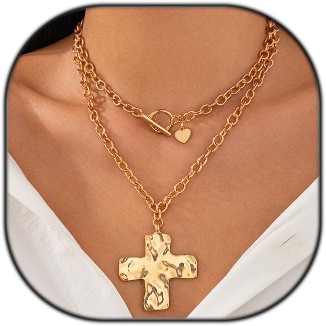 IQIC Chunky Necklace Chunky Cross Necklace for Women Big Cross Statement Necklaces Trendy Toggle Necklaces Hammered Bold Vintage Jewelry