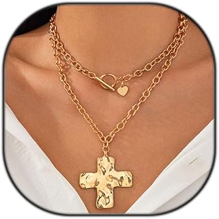 IQIC Chunky Cross Necklace for Women Gold Chunky Cross Pendant Necklace Layered Heart Toggle Necklace Hammered Cross State...
