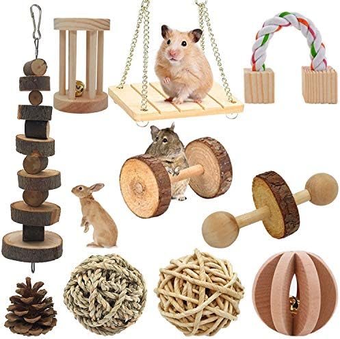 McFeddy Guinea Pigs Rabbits Hamster Chew Toys 10 Pcs of Wooden Small Animal Cage Accessories Organic Apple Wood Activity Toy Exercise wheelTeeth Molars Pet ball Suitable for Mouse Chinchillas Bird etc