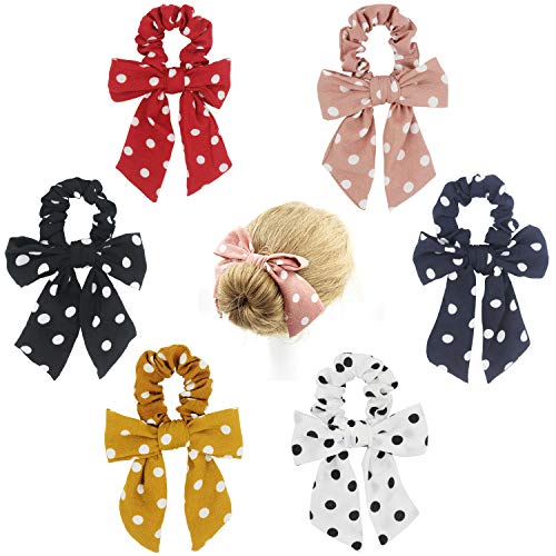 SUSULU Polka Dot Hair Scrunchies Chiffon Hair Ties Ropes with Bow Ponytail Holder Elastic Rubber Band Pack of 6 Mixed Colors