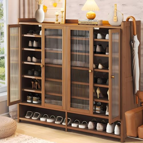 Bamboo Shoe Cabinet, 8-Tier Shoe Storage Cabinet with Doors, Freestanding Bamboo Shoe Rack Organizer with Shelves for Entryway, Hallway, Closet, Living Room (Brown-5)