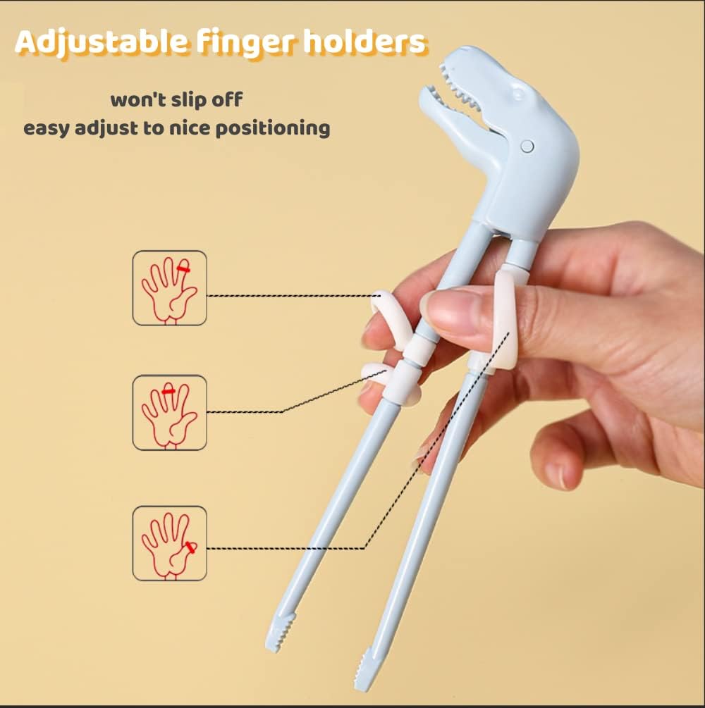 Training Chopsticks for Kids, Jawbush 3 Pairs Reusable Kids Chopsticks, Cute with Dinosaur Head, Non-slippery Indented Tips and Adjustable Finger Loops, Easy to Use and Clean, Dishwasher Safe