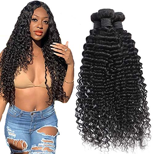 Brazilian Deep Wave 3 Bundles Unprocessed Virgin Human Hair Deep Curly Bundles Natural Black(10 12 14)