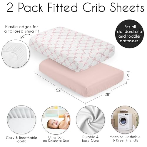 Image of Sweet Jojo Designs 2-Piece Baby Crib Sheets Set (Pink Bows) for Girls, Infant Nursery, Toddler Room - Fitted, Standard Size (Blush and White Bow for The Ballerina, Ballet Dancer, Princess Collection)