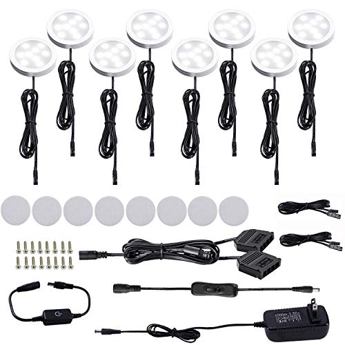 AIBOO LED Under Cabinet Puck Lights Kit with Touch Dimming Switch for Accent Display in Cabinet Lighting (8 Lights,Daylight White)