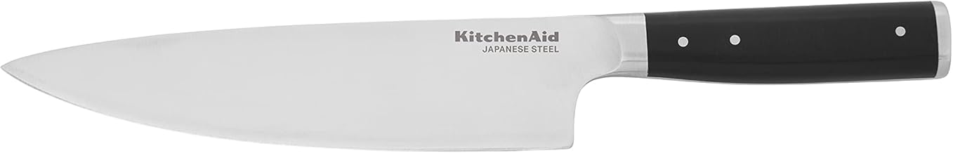KitchenAid Faca de chef gourmet forjada com rebite triplo com capa de lâmina personalizada, 20 cm, faca de cozinha afiada, lâmina de aço inoxidável japonesa de alto carbono, preta