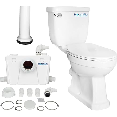 White Macerating Upflush Toilet for Basement, 2 piece Toilet with Elongated Bowl,Toilet Tank with Front Flush Valves,500 Watt Macerating Pump with 4 Water Inltes for Kitchen Sink, Bathroom, Laundry
