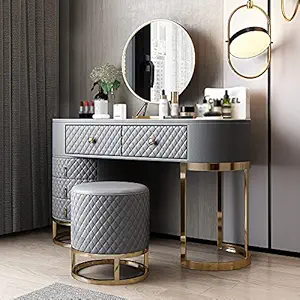 Vandana Interiors Gray Makeup Vanity Set Faux Leather Upholstered with Mirror Stool & 5 Drawers