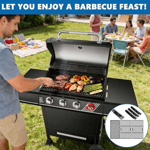 Image of SafBbcue Grill Replacement Parts for dyna-glo 4 Burner DGH450CRP DGH450CRP-D Grills, Cast Iron Grill Grates, Porcelain Steel Heat Plates, Grill Parts Kit for Dyna-Glo 4 Burner Grill