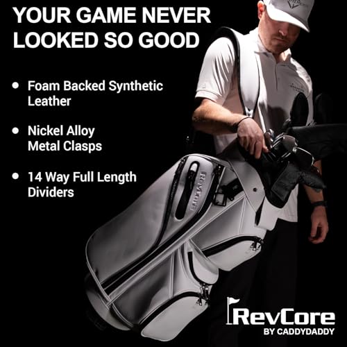 REVCORE Luxury Golf Cart Bag, Premium Synthetic Leather, 14 Way Dividers, Black Alloy Hardware, 9 Pockets w/2 Insulated Cooler, 2 Felt-Lined Valuable & Oversized Putter Well … (White)