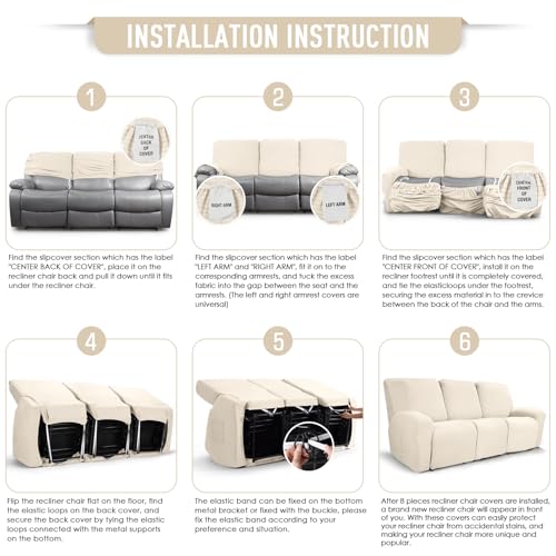 Image of TAOCOCO Recliner Sofa Covers 8-Pieces Stretch Large Couch Covers for 3 Seats Reclining Slipcovers Soft Jacquard Pattern Furniture Protector (Beige)