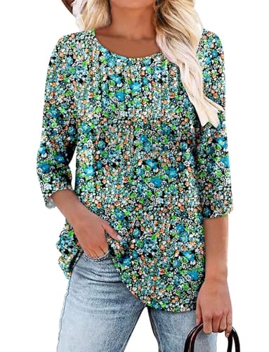 KISSMODA Tunic Tops for Women Loose Fit Dressy Round Neck Pleated 3/4 Length Sleeve Spring Tops