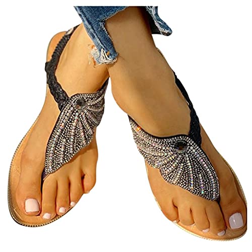 Sandals for Women Dressy Summer,House Slippers,Smiley face Sandals for Women, Sandals for Women Beach,Bohemia Floral Flat Sandals T-Strap Summer Beach Glitter Beaded Elastic Flip-Flop%19 Black