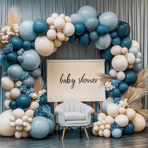 Dusty Blue Balloon Garland - Double Stuffed Blue Sand White Balloon Arch Different Size for Baby Shower Bridal Shower Birthday Wedding Boho Graduation Party Decoration - Thumbnail 2