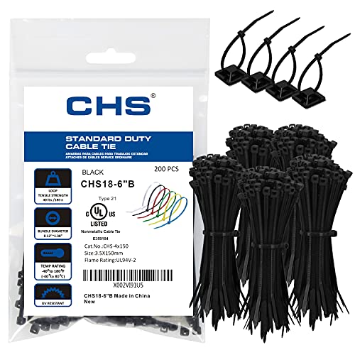 CHS Zip Ties 6 Inch Black , Pack of 205 Pcs ,Multiple-Purpose Ties Wraps, 40 Pounds Tensile Strength Cable Ties, Wire Ties for Home,Office ,Workshop,Garden,and Farm,Etc.
