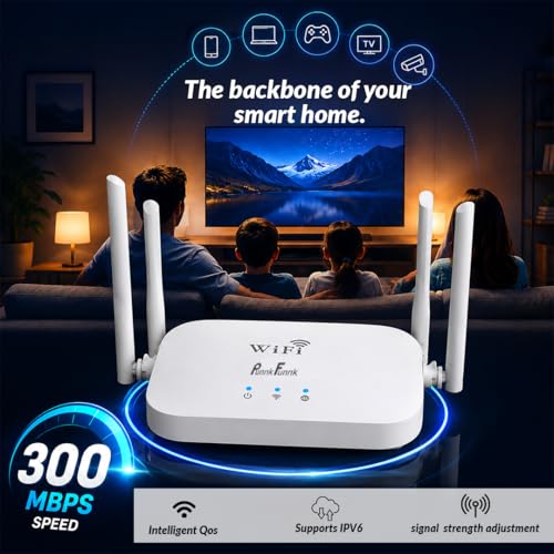 Image of PunnkFunnk WT-14 WiFi Router |300M High Speed Wireless Router for Home & Office | Four high gain Antennas | IPv6 Compatible | Stable Internet Connection | Wide Coverage WiFi Router | Easy Setup